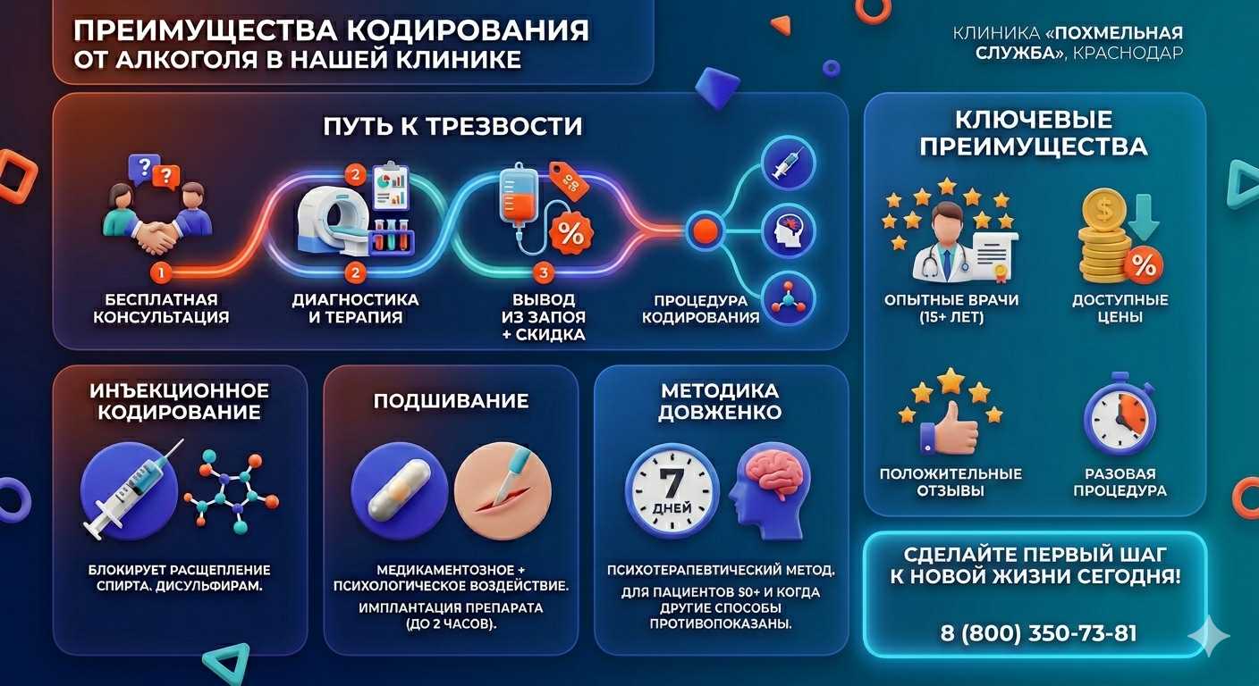 Инфографика о методах кодирования от алкоголя в Приморском: инъекции, подшивание, метод Довженко. Преимущества клиники и этапы лечения.